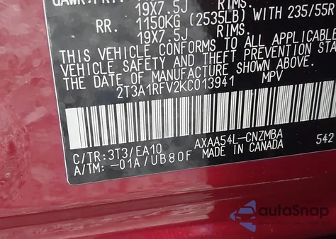 2019 Toyota Rav4 Xle Premium from USA, damaged, VIN 2T3A1RFV2KC013941